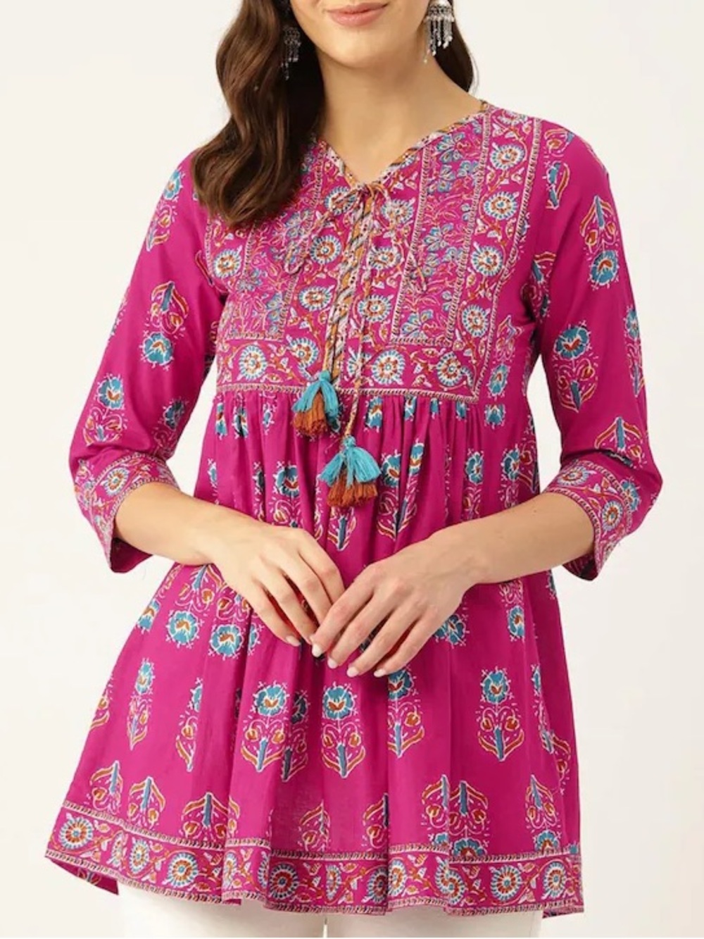 JAIPUR MORNI KURTI PRINT BLOCK COTTON BOHO TUNIC,  XXL, 3/4 SLEEVE & TASSELS